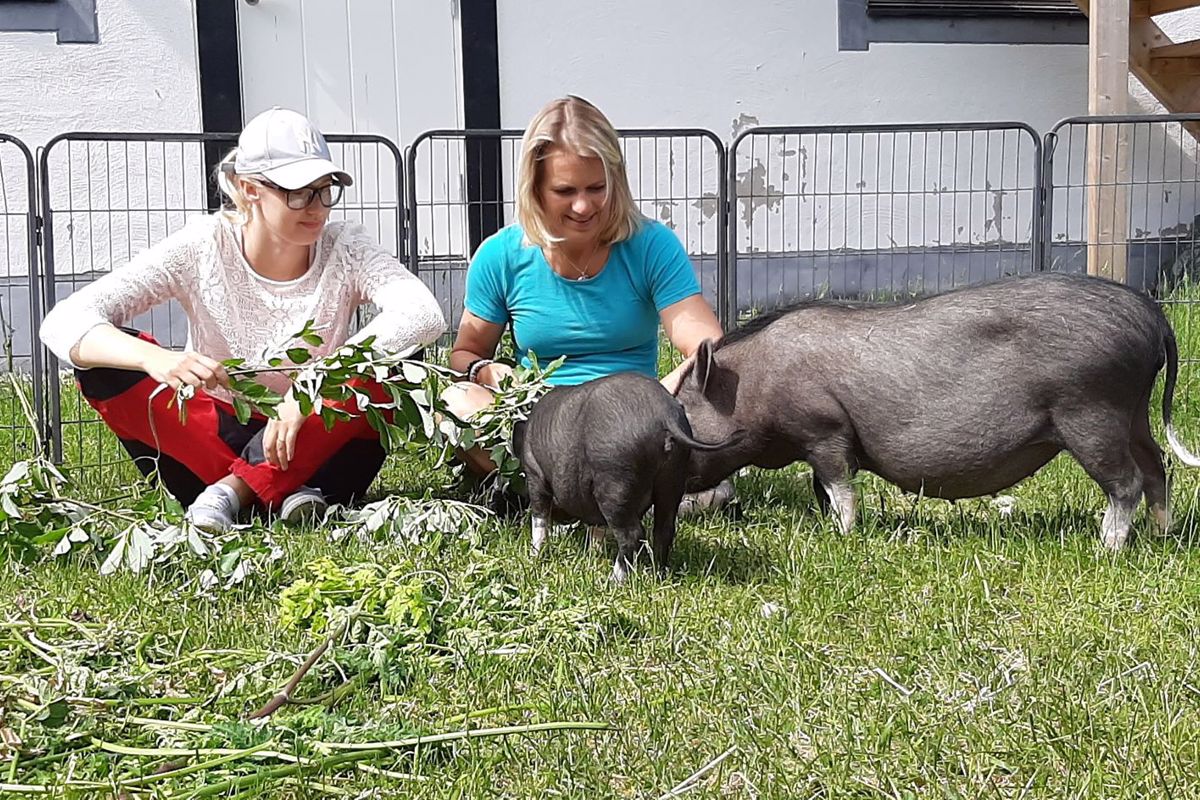 Två kvinnor som sitter marken med två grisar
